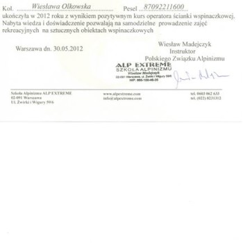 Świadectwo ukończenia kursu operatora ścianki wspinaczkowej